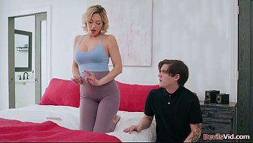 Adira Allure finds her looking at her camel toe.The blonde milf lets him touch her hairy pussy.The guy sucks his stepmoms big tits before fucking her
